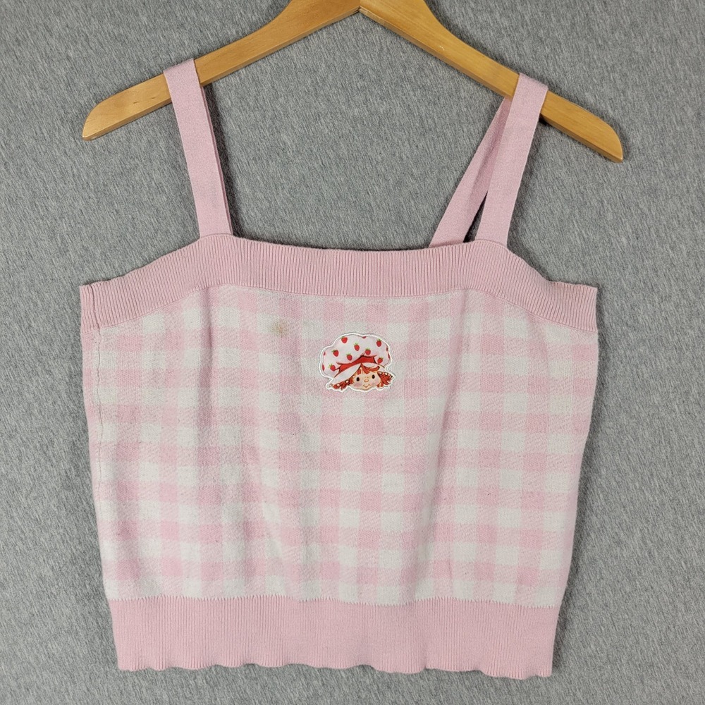 Strawberry Shortcake Knit Cami Tank Top Womens XL Pink Gingham‎ Coquette 90s Y2K